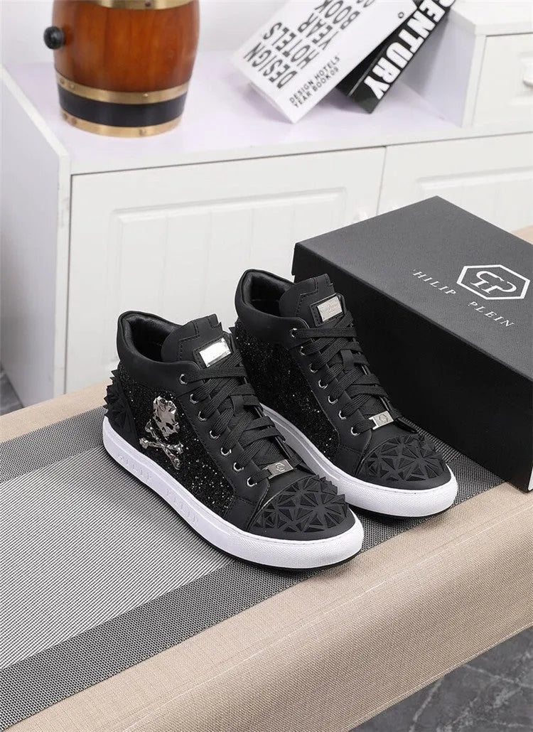 Men's black high-top skeleton shoes with genuine leather upper and lace-up closure on a rubber sole.