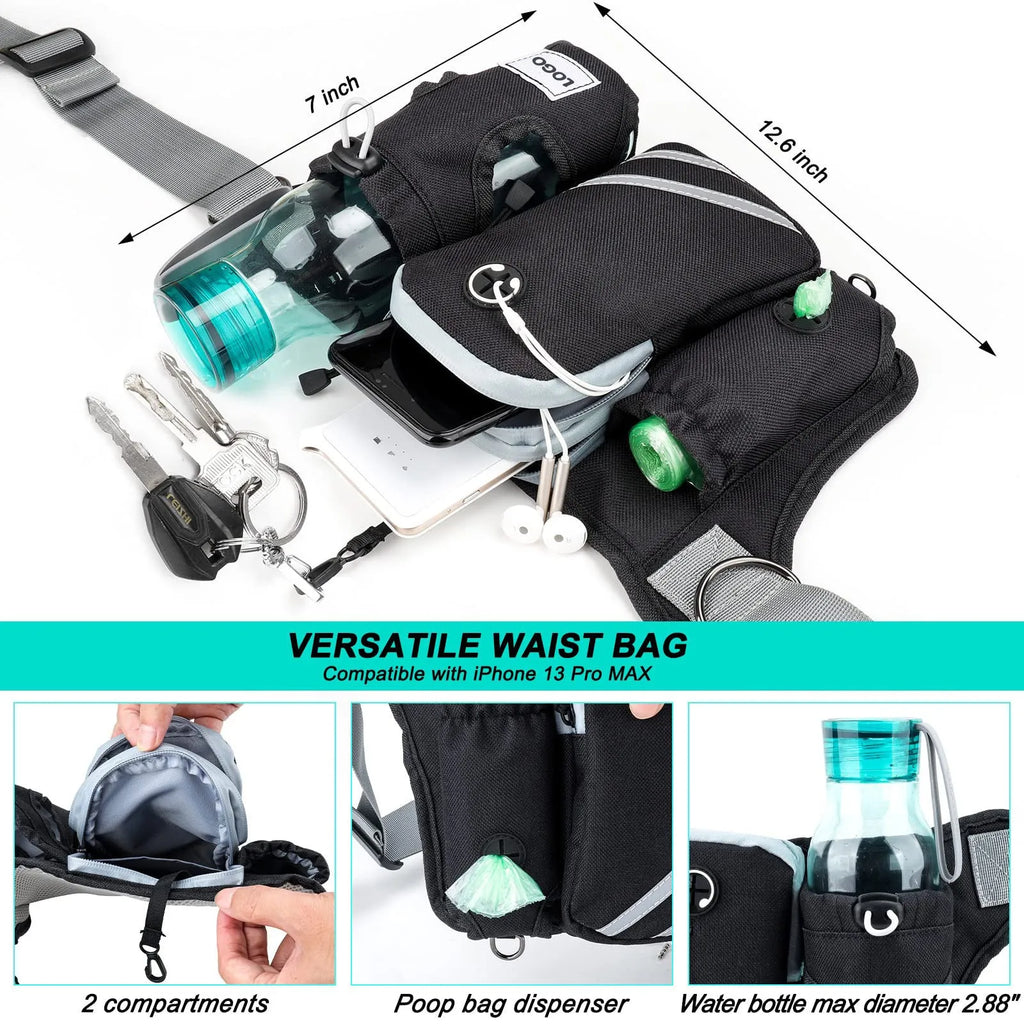Black nylon pet walking set with waist bag, leash, and collar for outdoor dog training