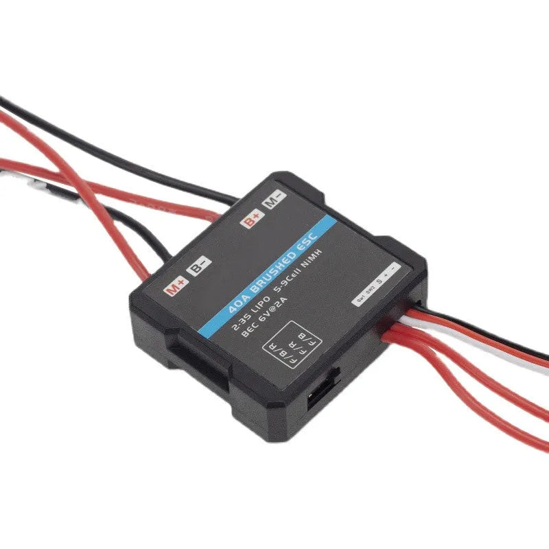 G500 model 40A miniature brushed electronic speed controller for 1/16 and 1/18 scale RC cars.