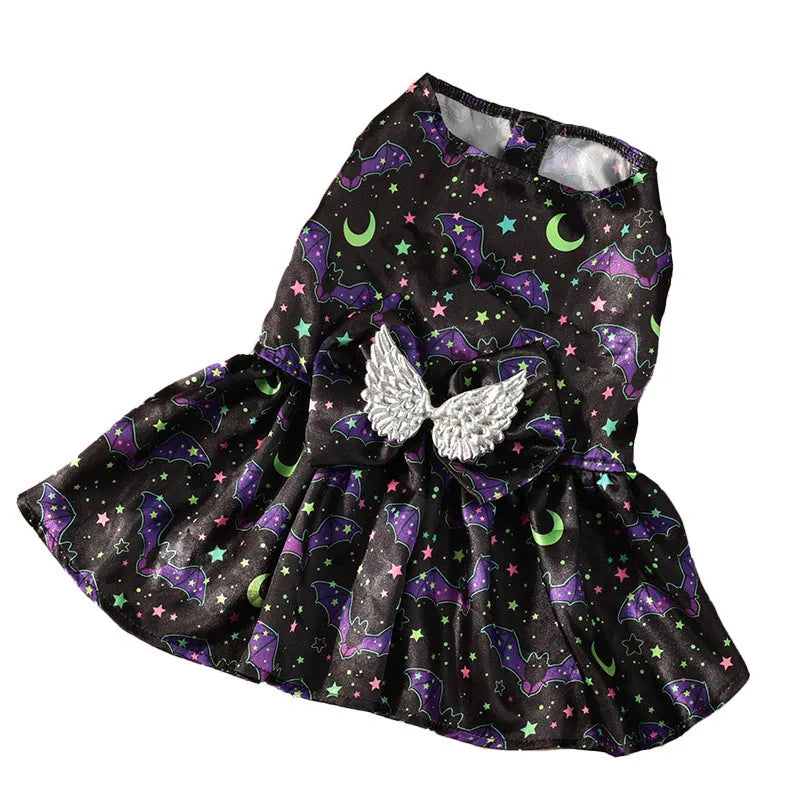 Halloween dog costume with angel wings in bright pumpkin orange or bat pattern colours