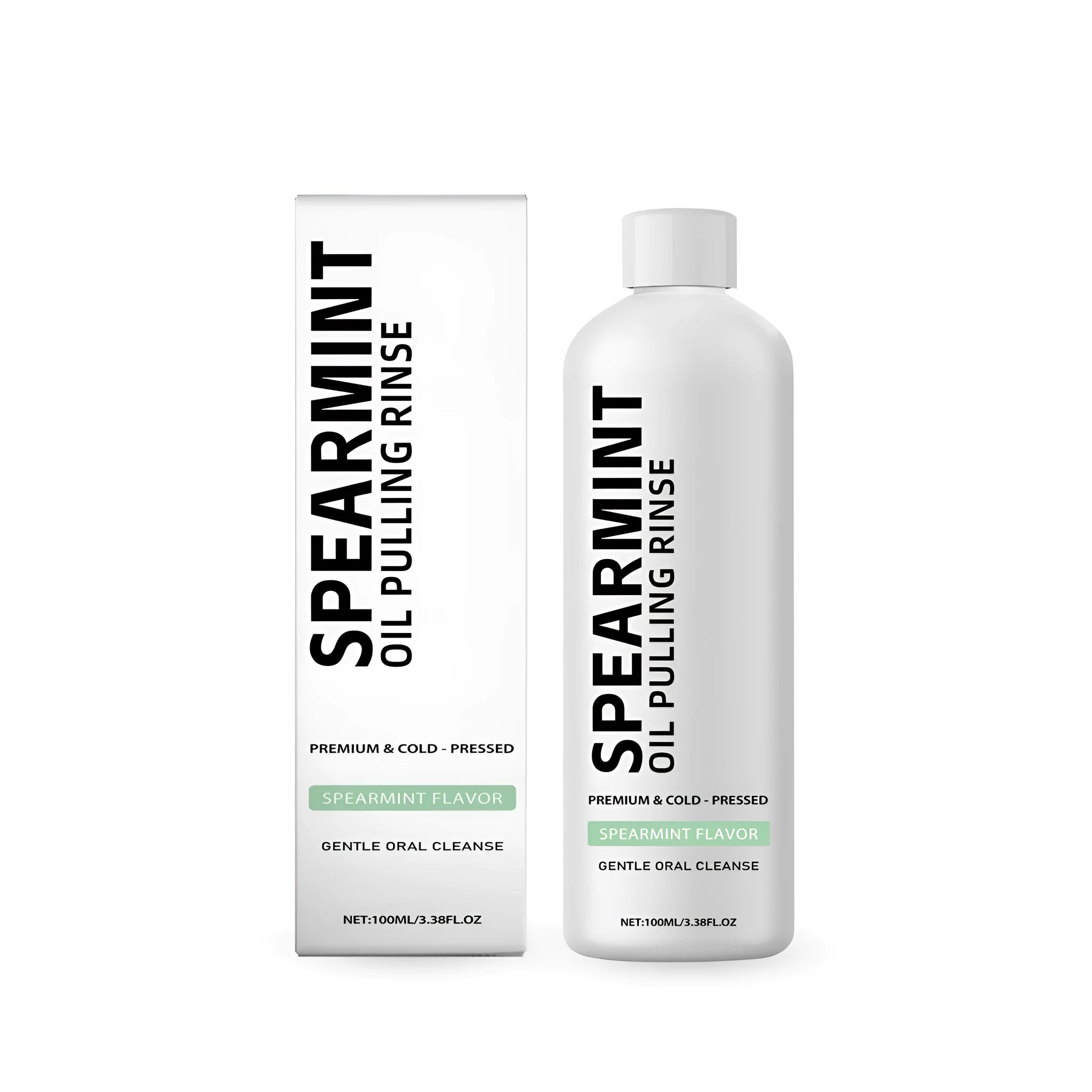 100ml bottle of spearmint oil pulling mouthwash rinse with natural peppermint and clove oils