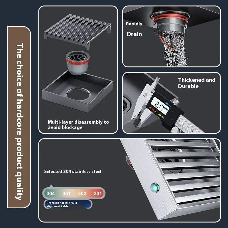 Gun grey 304 stainless steel courtyard floor drain with a 15x15cm ABS plastic core insert.