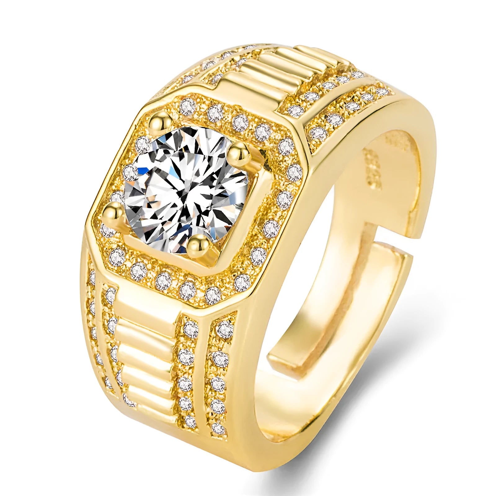 Large square diamond men's ring with adjustable opening in gold colour finish