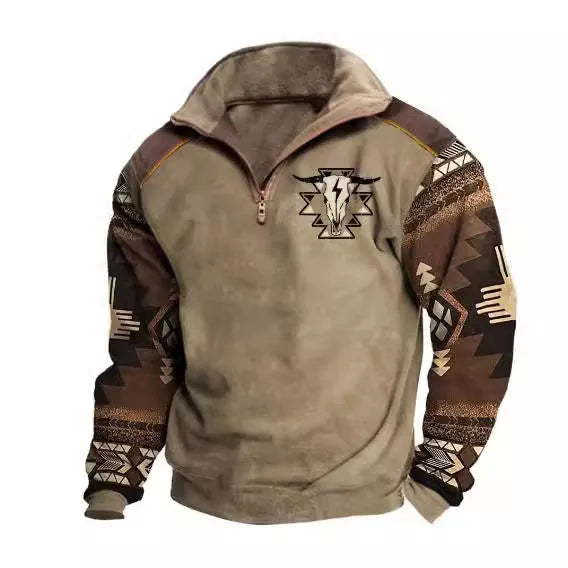 Digital print stand collar men's street zip-up hoodie in polyester air layer fabric loose fit