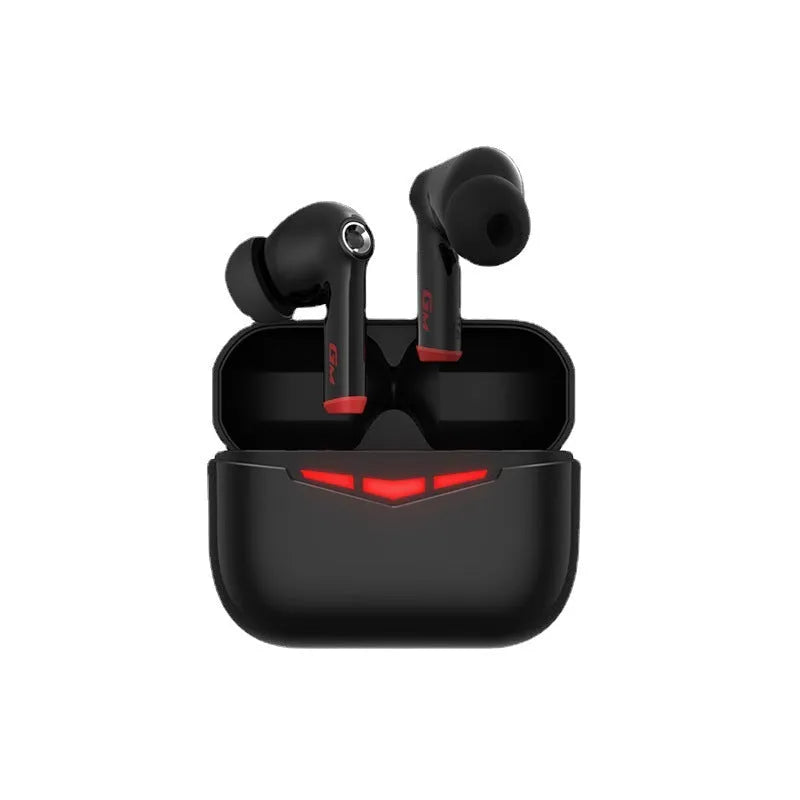 True wireless gaming earbuds and charging case in black, pink, white, or grey colours with silicone ear tips.