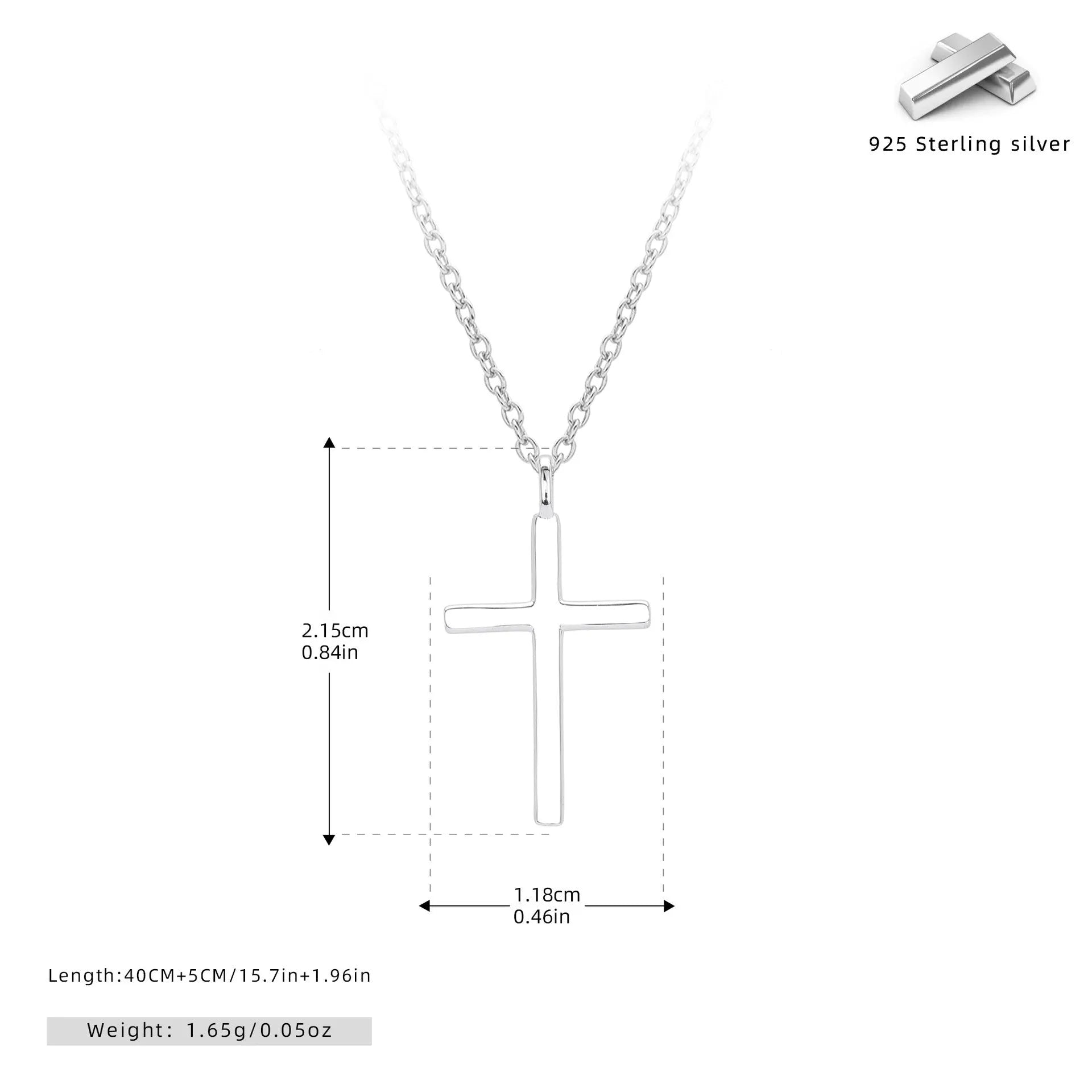 Sterling silver necklace with glossy cross pendant on O-shaped chain, adjustable length