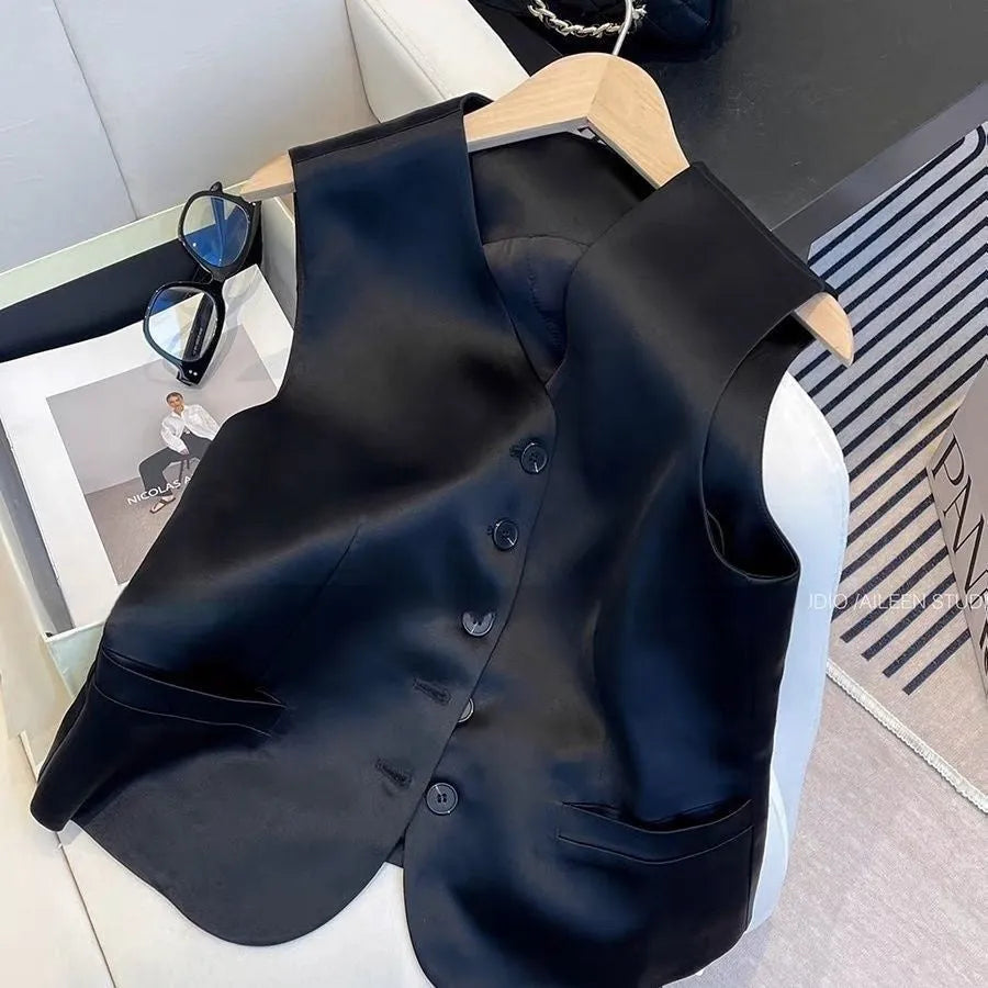 Black satin ladies' sleeveless vest with loose fit and splicing detail on a hanger.