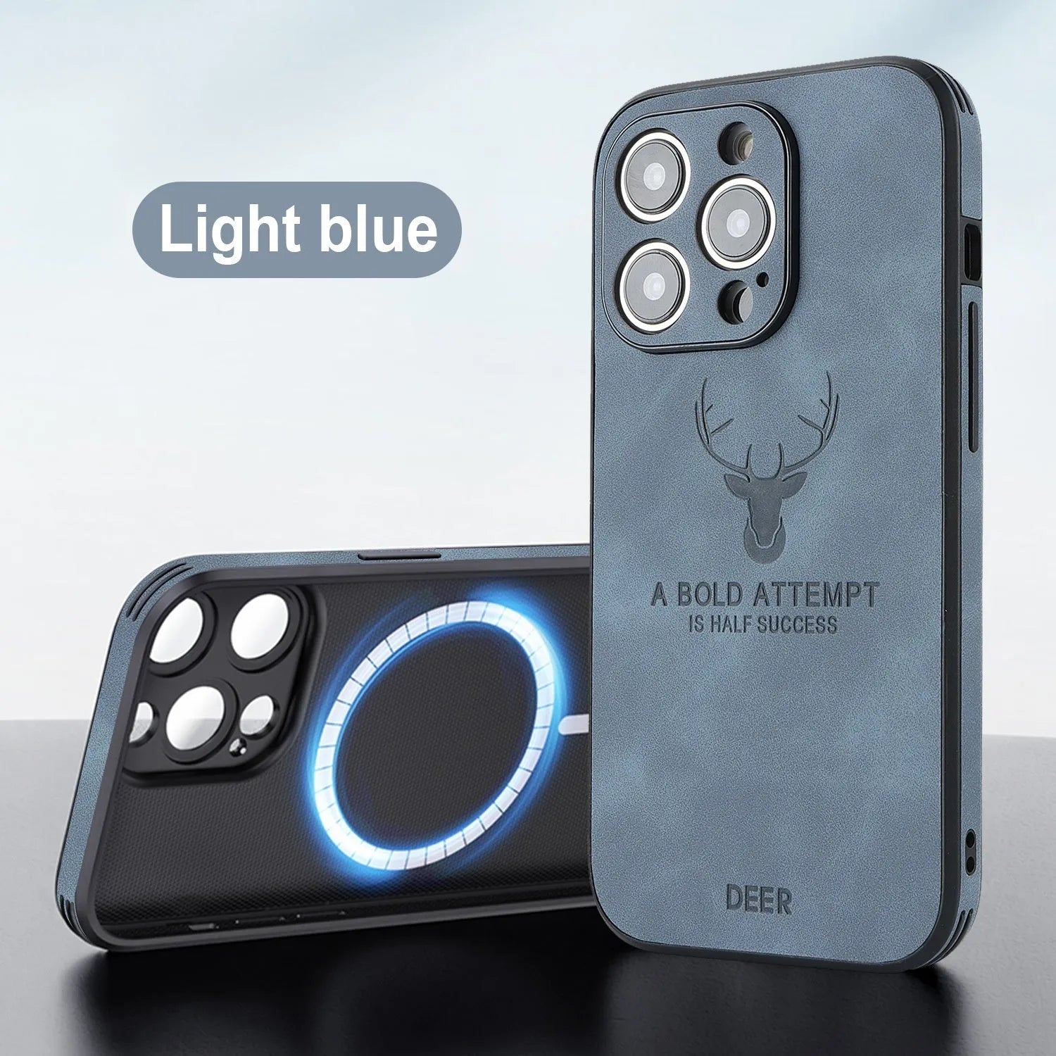 iPhone 16 magnetic charging case with 3D embossed moose head design in imitation leather