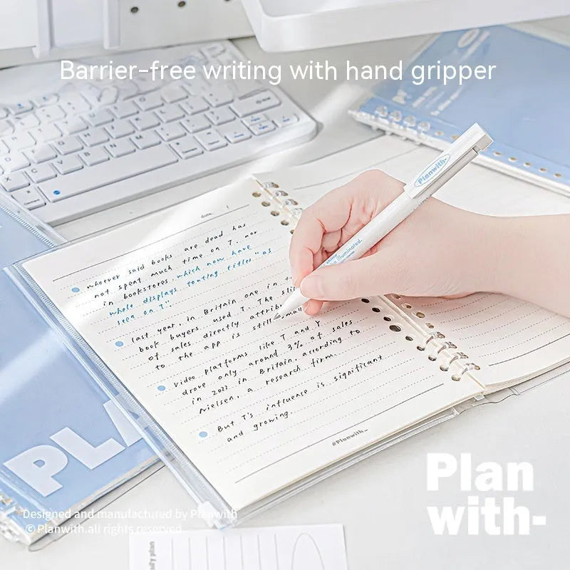 Clear PVC A5 notebook cover showing spiral binding slot and document pockets in white and blue colour options