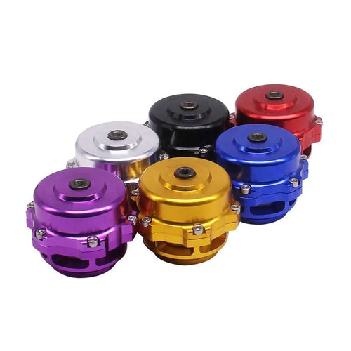 Aluminium alloy automotive pressure relief valve measuring 50mm, shown in a choice of colours.