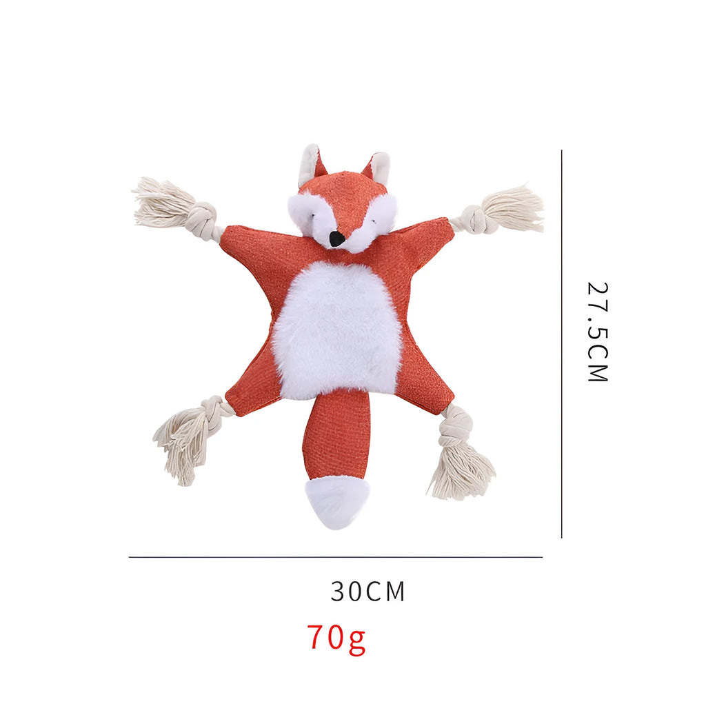 Brown fox-shaped plush dog toy with embroidered eyes, cotton rope limbs, and a squeaker.