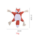 Brown fox-shaped plush dog toy with embroidered eyes, cotton rope limbs, and a squeaker.
