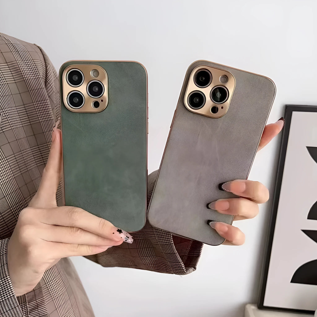 Leather texture TPU phone case for iPhone in black, blue, grey, or grey-green colour options