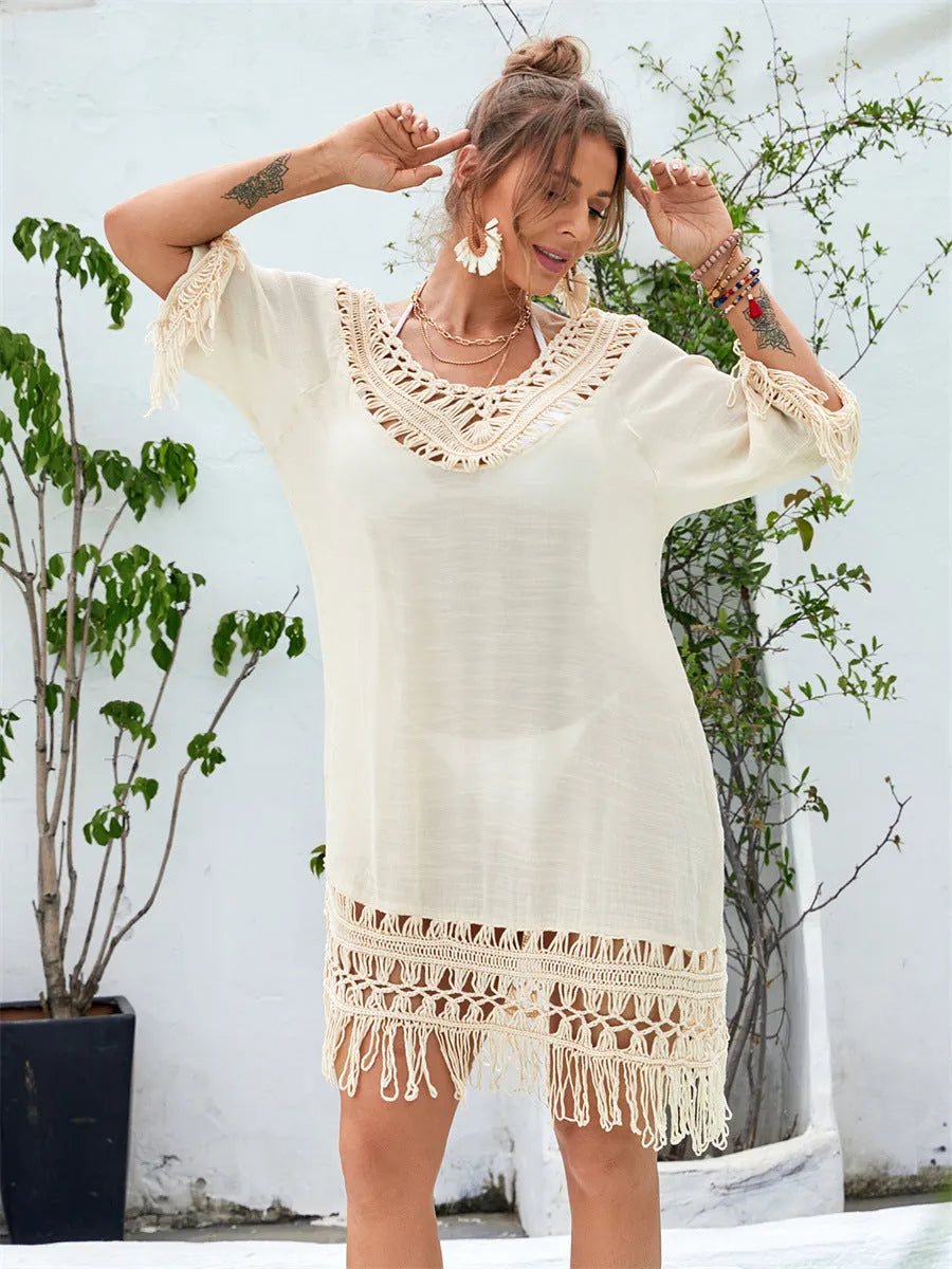 Apricot coloured women's hand-crocheted beach dress with full length design for swimming