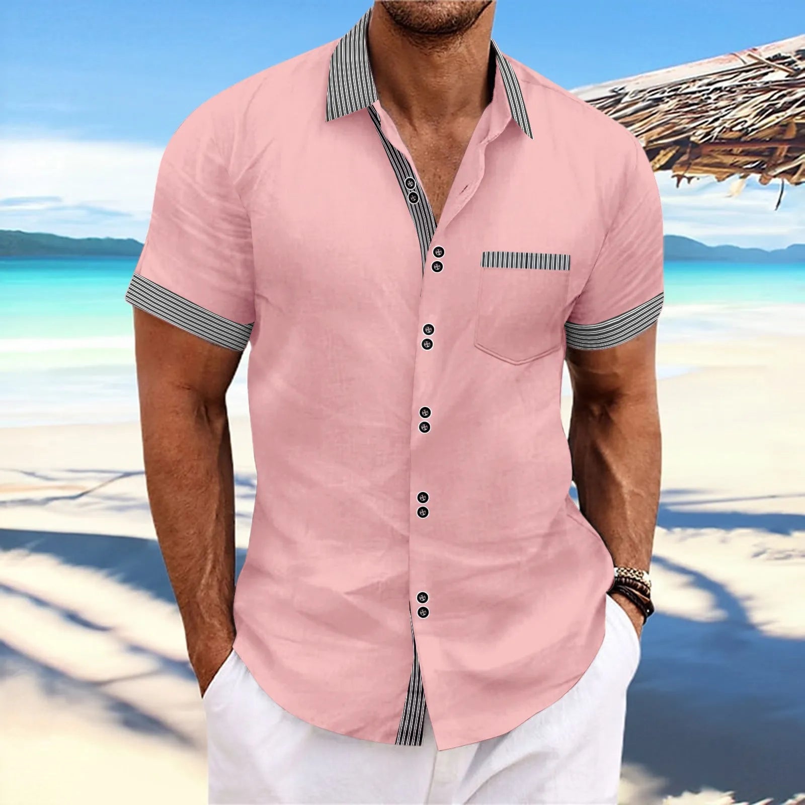 Man wearing a slim fit striped casual shirt with double button short sleeves in pure cotton.