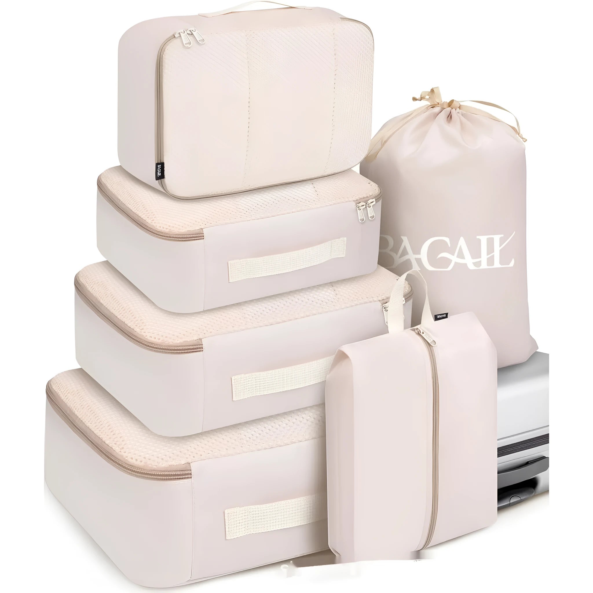 Set of eight cubic travel packing bags for underwear organisation in various colours including solid shades and patterns