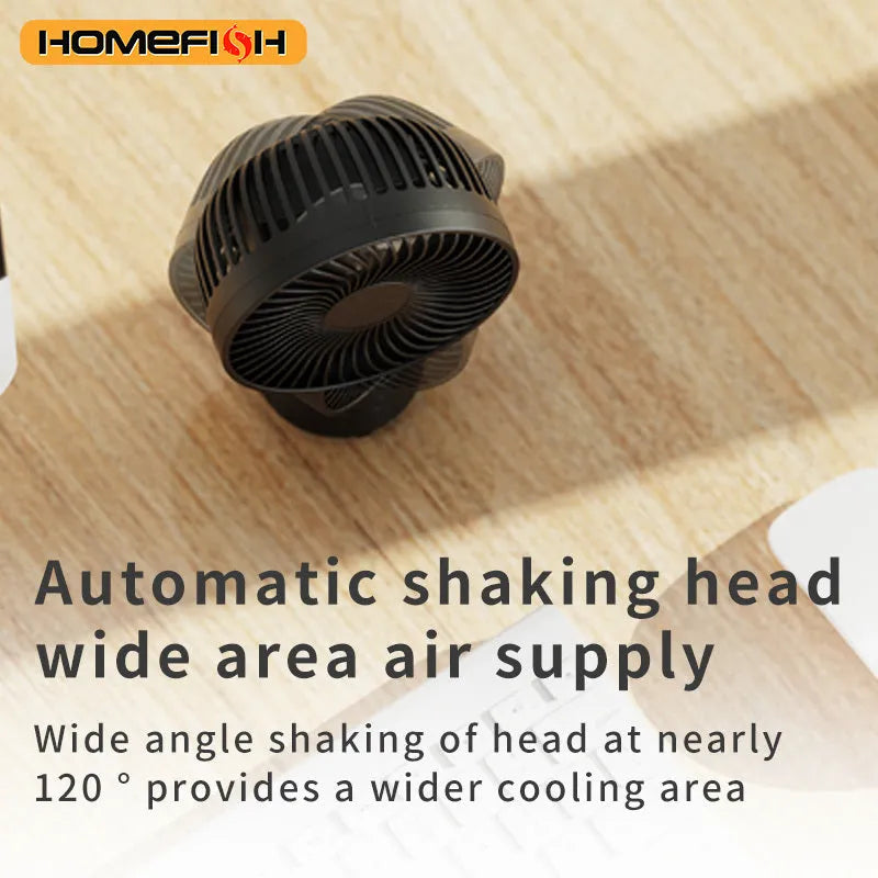 HOMEFISH F2 handheld fan with automatic shaking head, LED light, and removable bracket on a table.