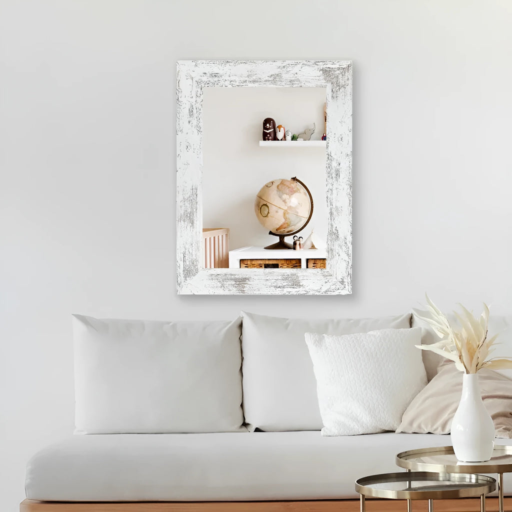 Wall-mounted bathroom dressing mirror with retro Chinese style MDF frame in small old white colour