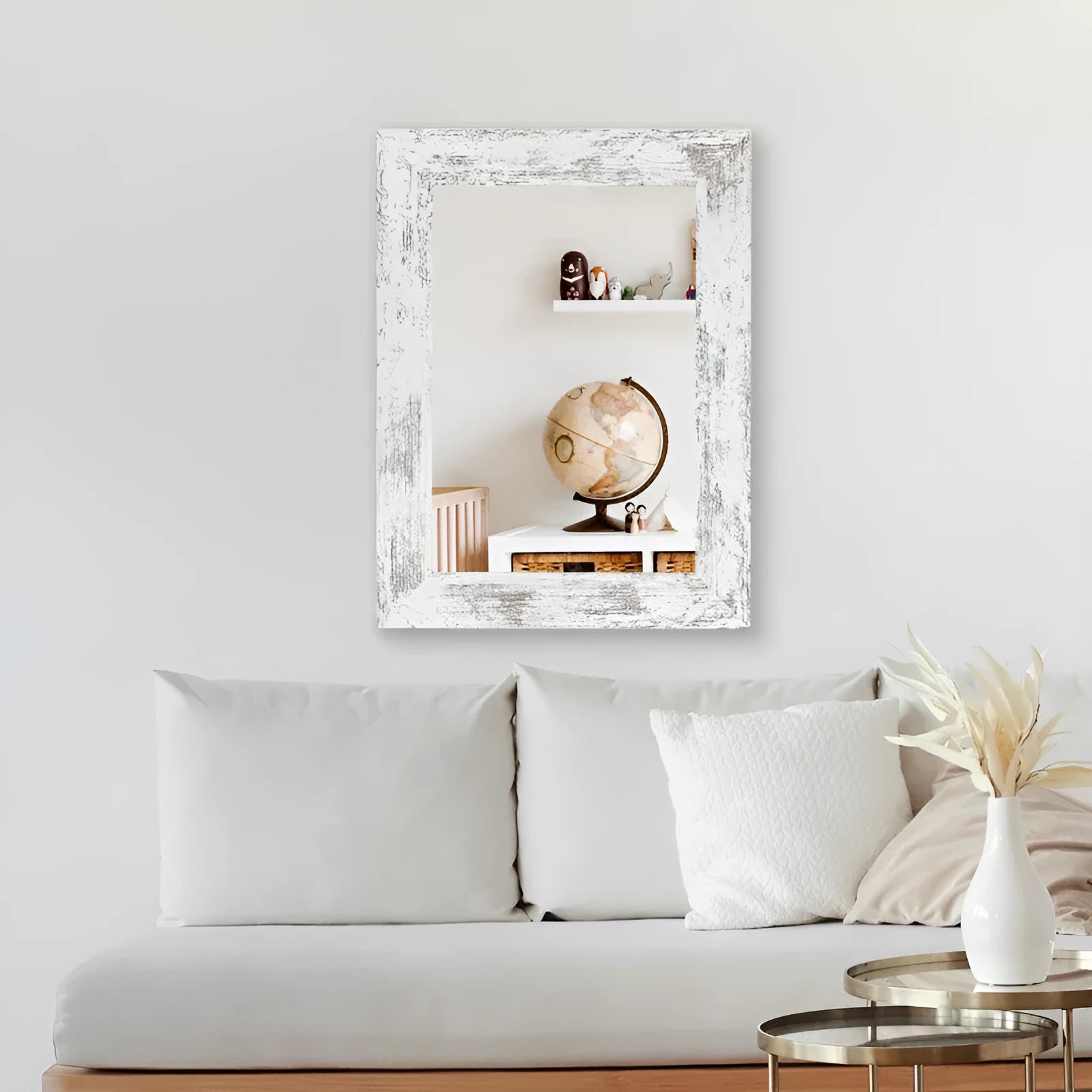 Wall-mounted bathroom dressing mirror with retro Chinese style MDF frame in small old white colour