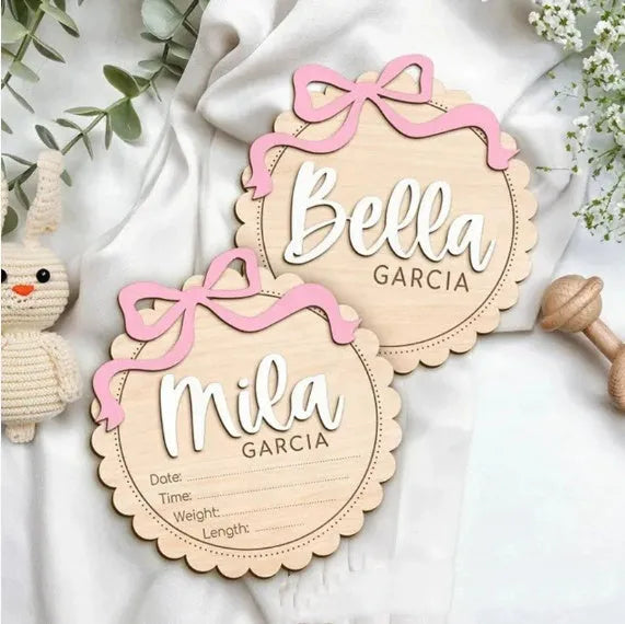 Square wooden baby photo prop ornament with a customised name for nursery decor.