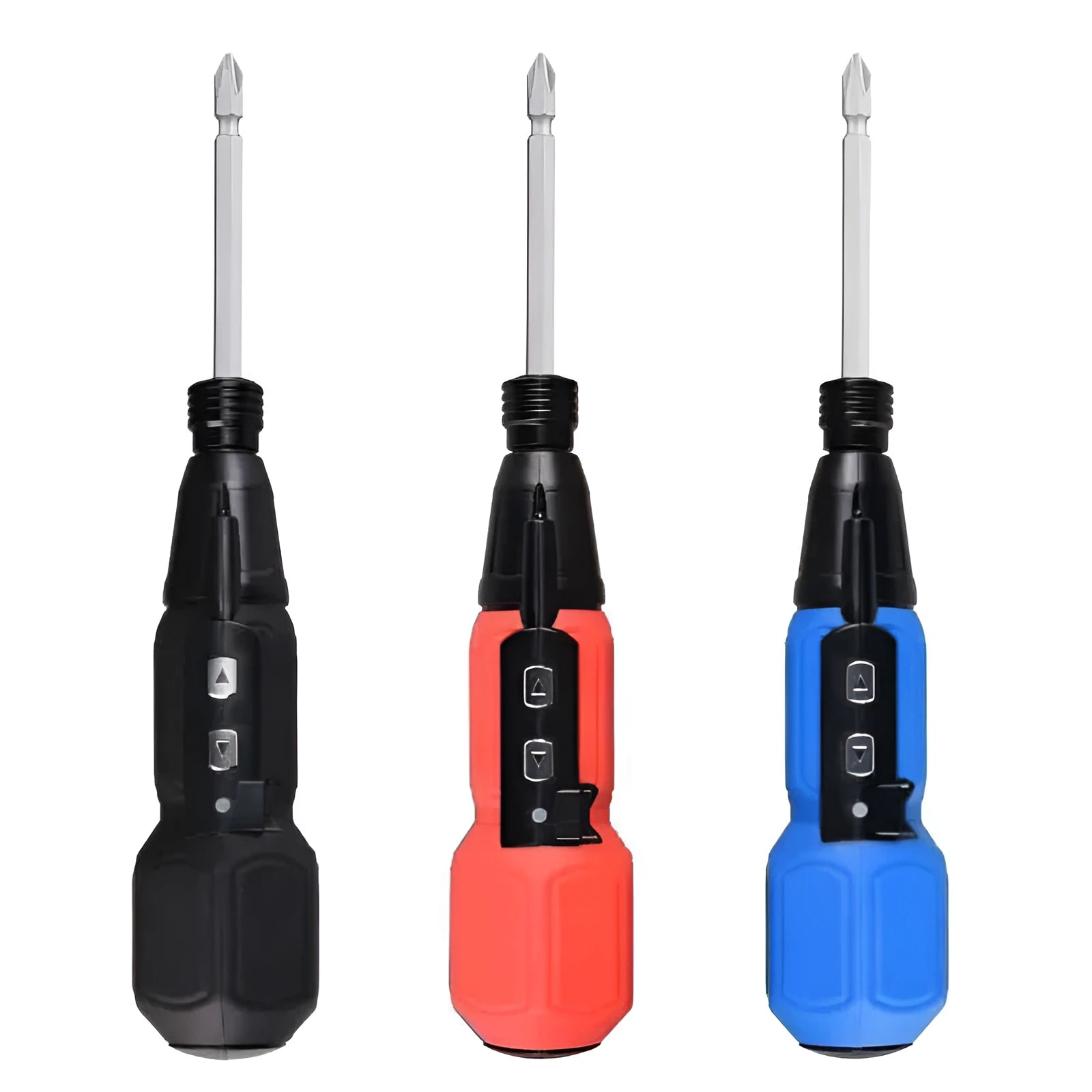 Black and blue alloy steel straight handle 36V electric screwdriver on a workbench.