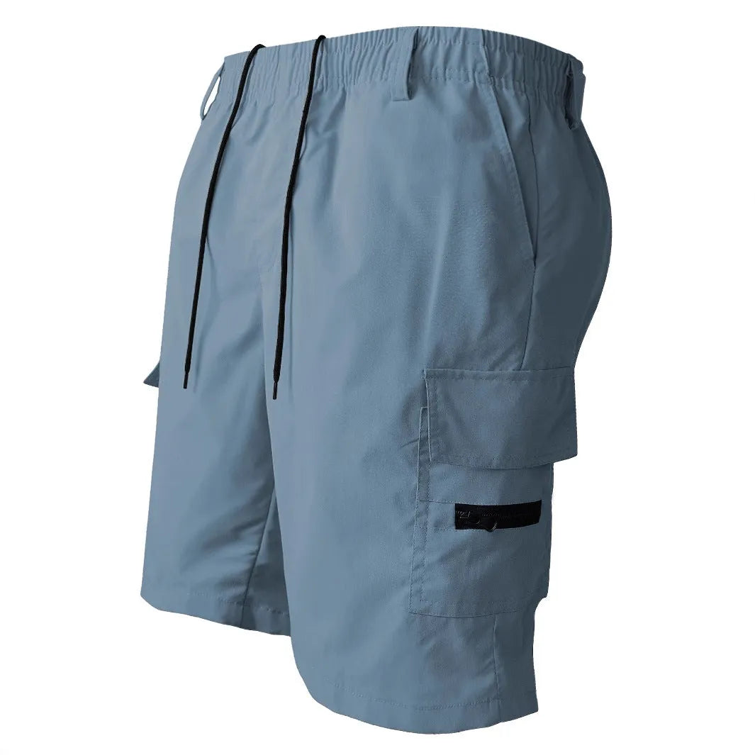 Man wearing loose straight-leg khaki casual sports shorts made from polyester