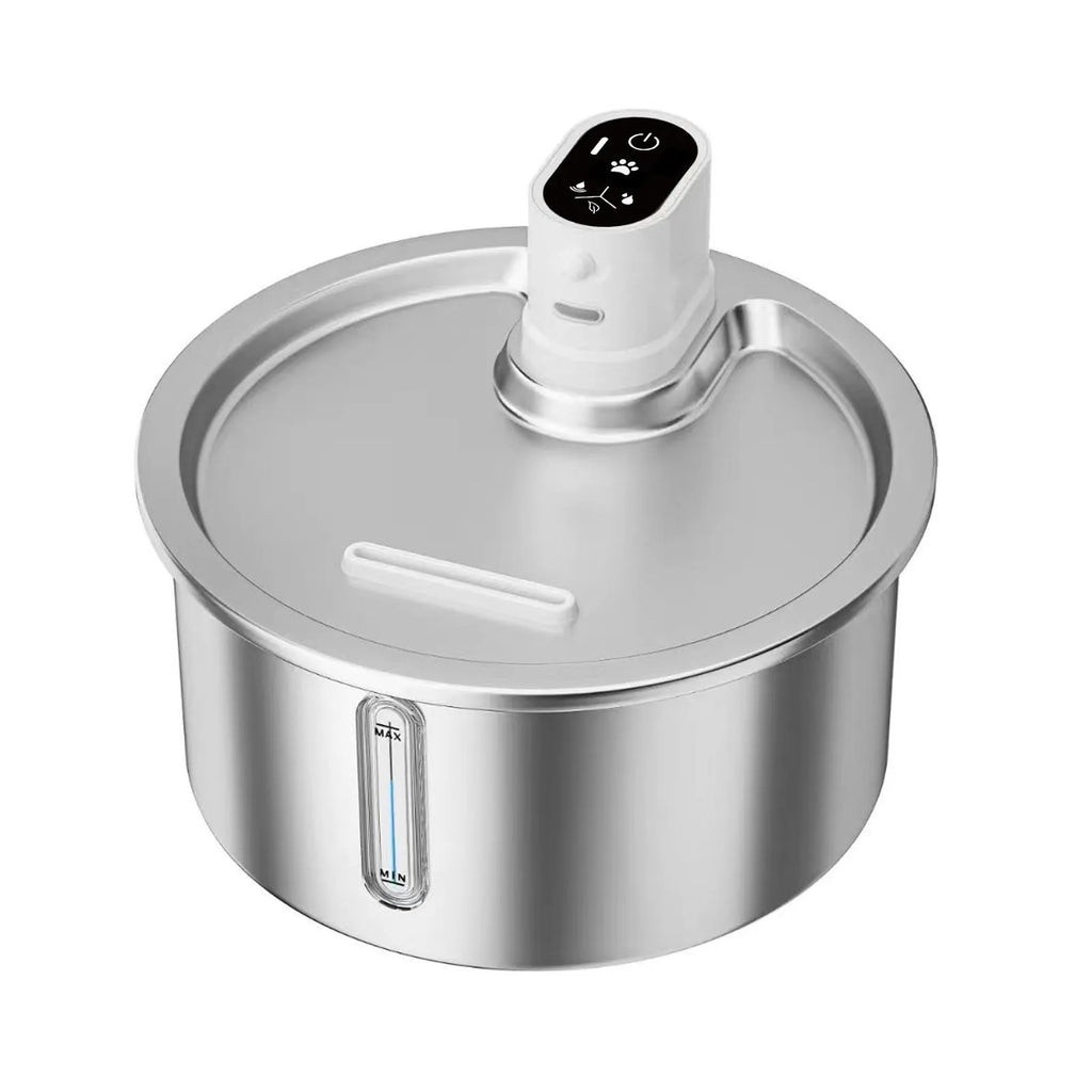 Black and white heated pet water fountain with stainless steel basin on a temperature control base.