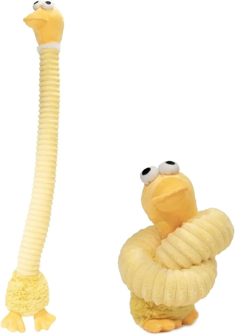 Plush squeaky dog toy with crinkle paper interior in brown, grey, and yellow colours