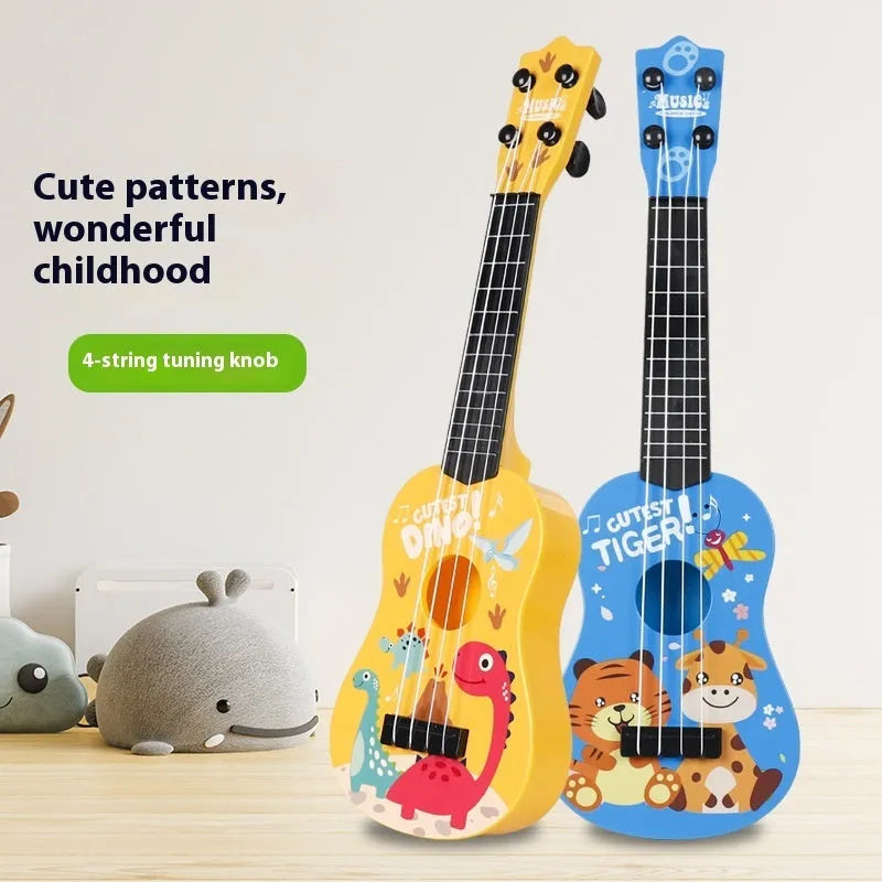 Children's plastic ukulele toy in animal designs, small size, on white background