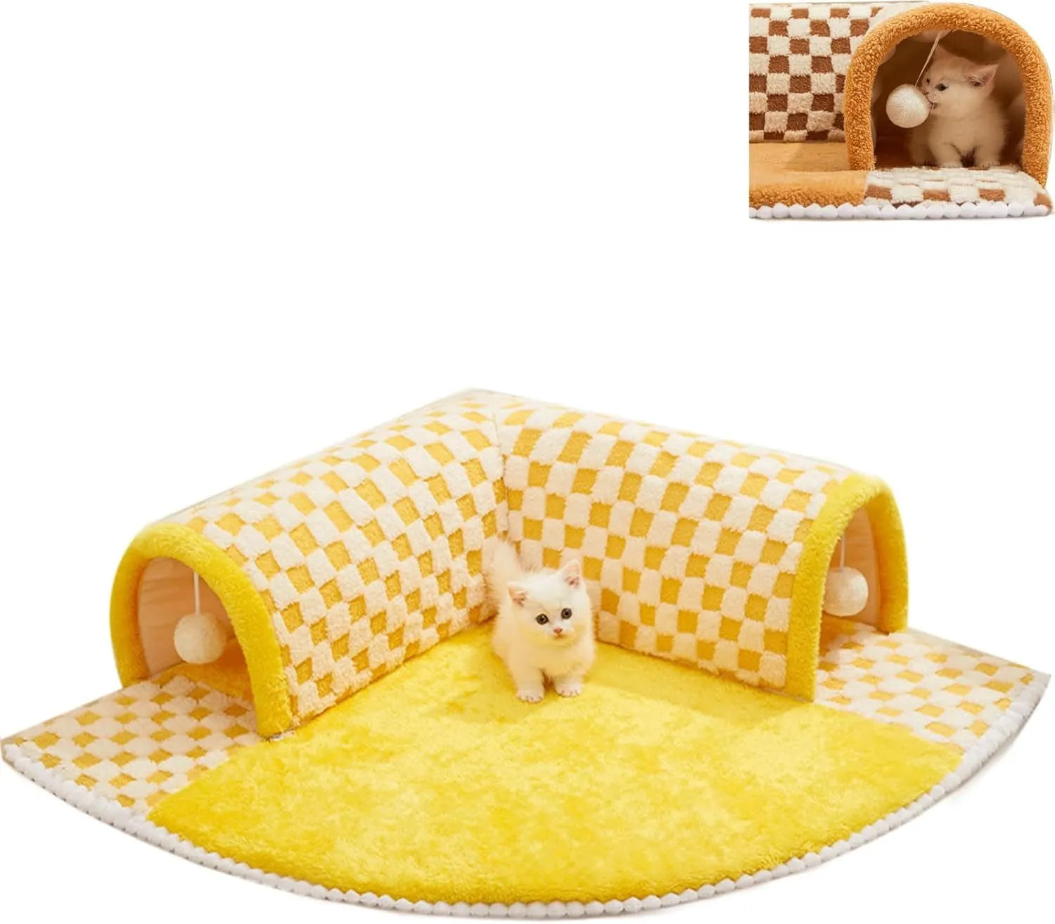 Brown plaid cat tunnel bed with central mat, showing non-slip bottom and large XL size.