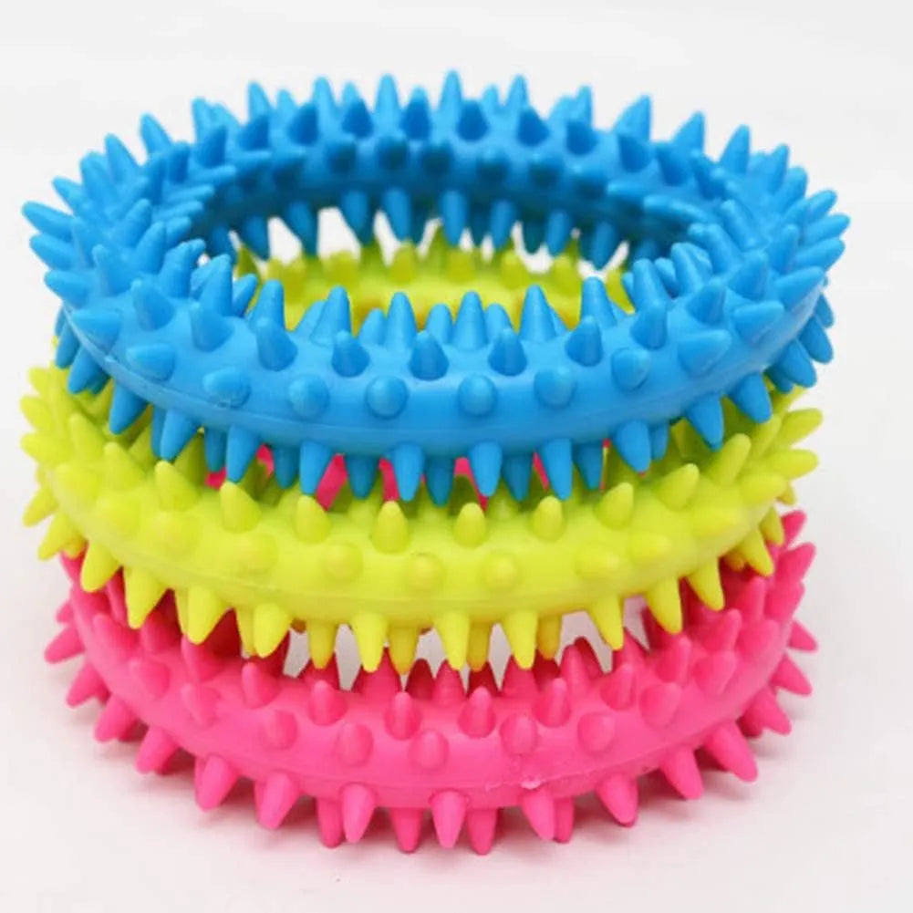 TPR spiky circle ring dog chew toy with dental cleaning nubs in blue colour