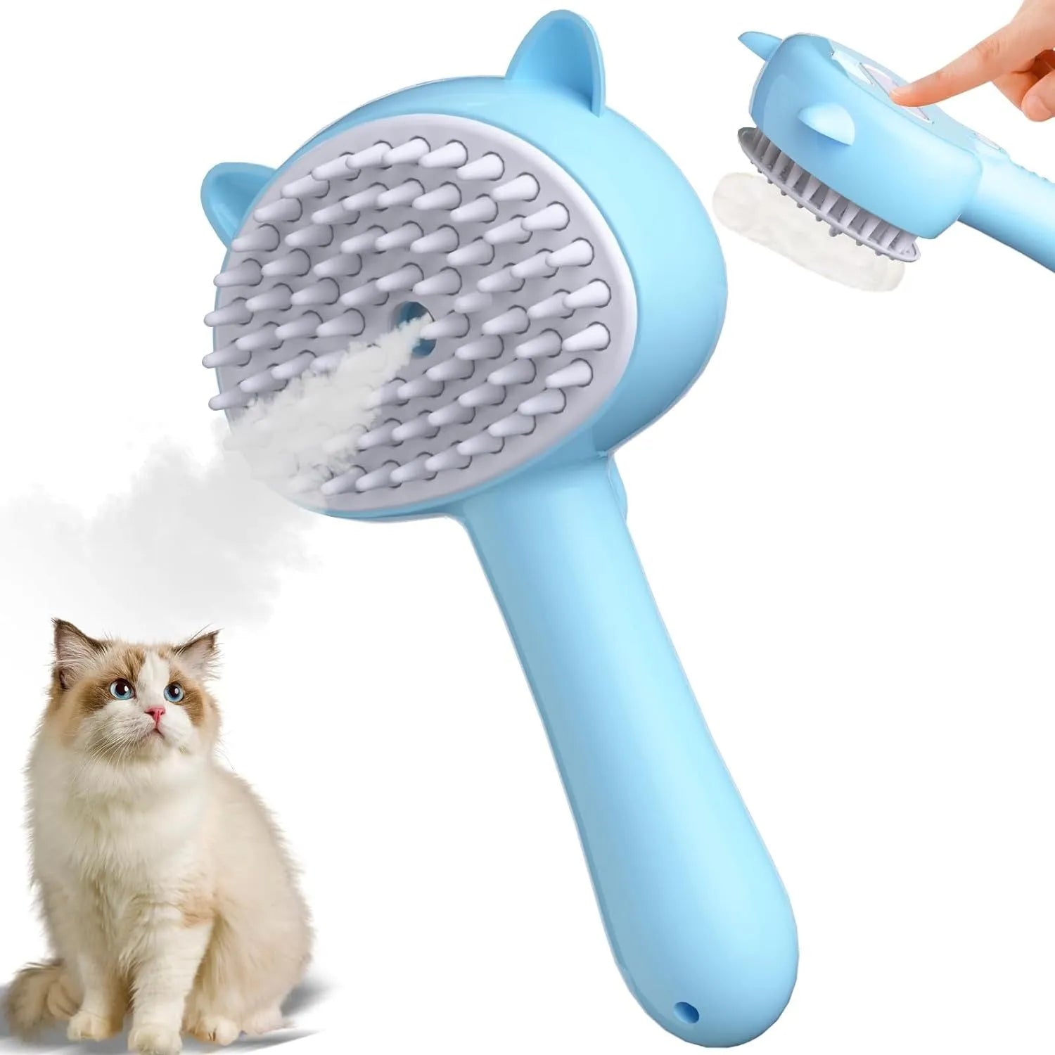 Cat ear-shaped steam brush with soft rubber bristles and release button in blue colour
