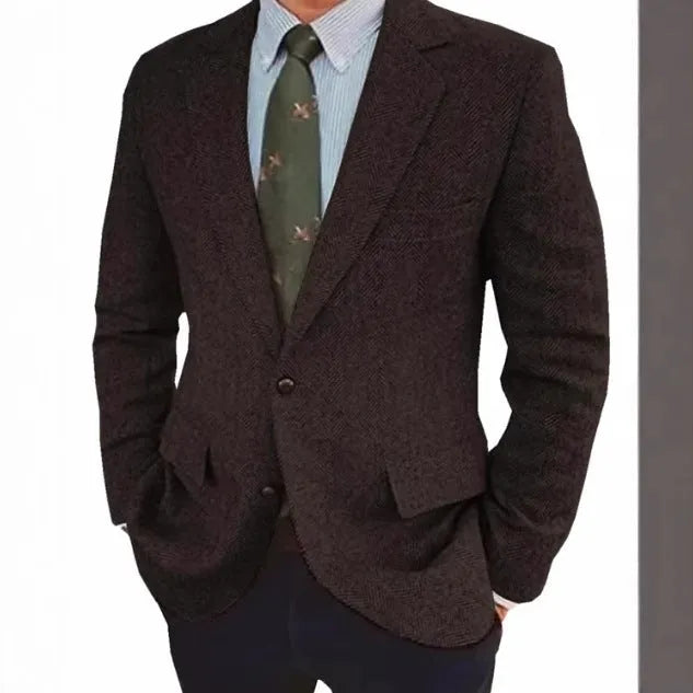Men's brown herringbone business casual jacket with long sleeves and retro styling