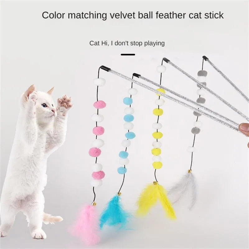 Set of four colourful cat teaser toy rods with feathers, pompons and bells.
