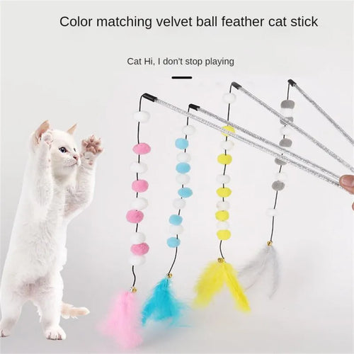 Set of four colourful cat teaser toy rods with feathers, pompons and bells.