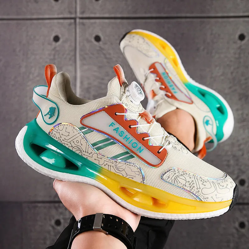 Men's low-top mesh sports shoes in beige orange with elastic band fastening and a popcorn TPU sole