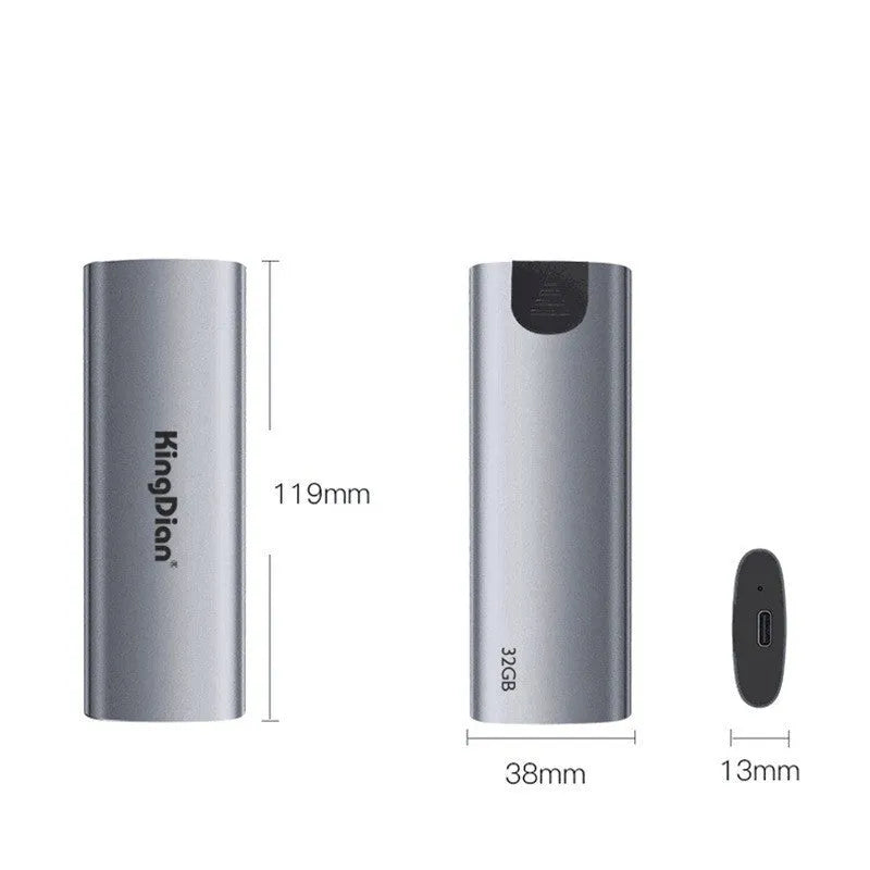 Grey mobile SSD external hard drive with USB 3.0 interface measuring 119mm x 38mm x 13mm