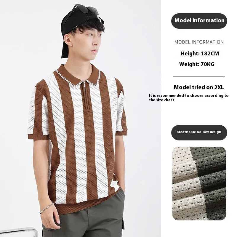 Man wearing a striped ice silk short sleeve sweater with a zipper decoration detail on the front.
