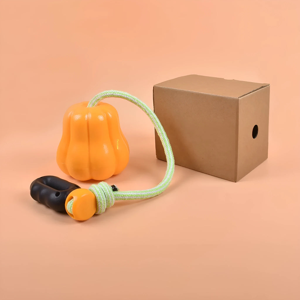 Plastic molar-shaped dog toy with rope attachment in pumpkin colour