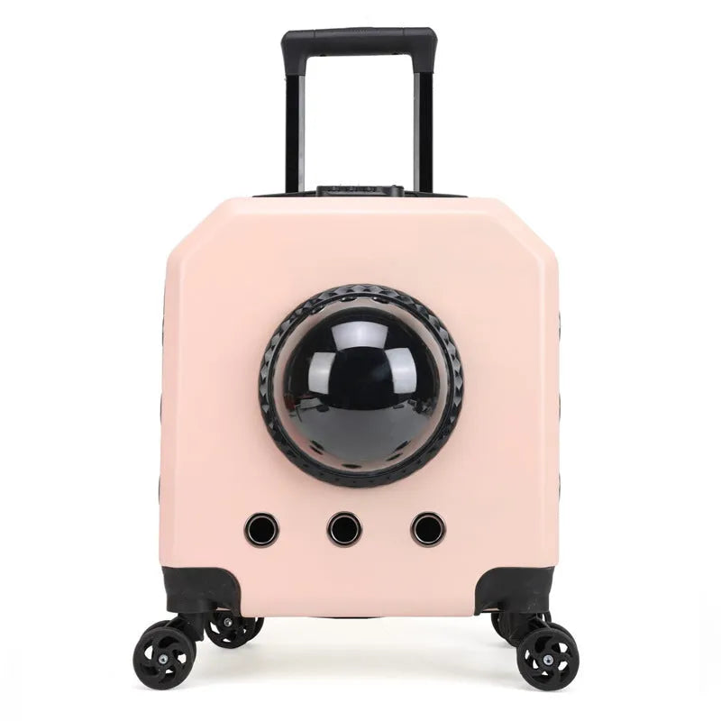 Hard-shell PVC pet flight trolley case in orange colour with wheels and pull handle