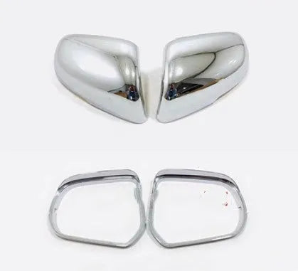 Pair of plastic rearview mirror protection covers in silver and black decorative finishes