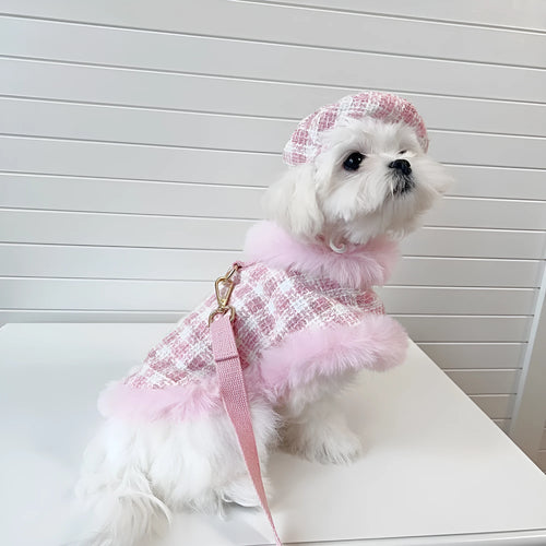 Pink polyester cat traction clothing set with cape, beret, and hand-holding rope in five sizes