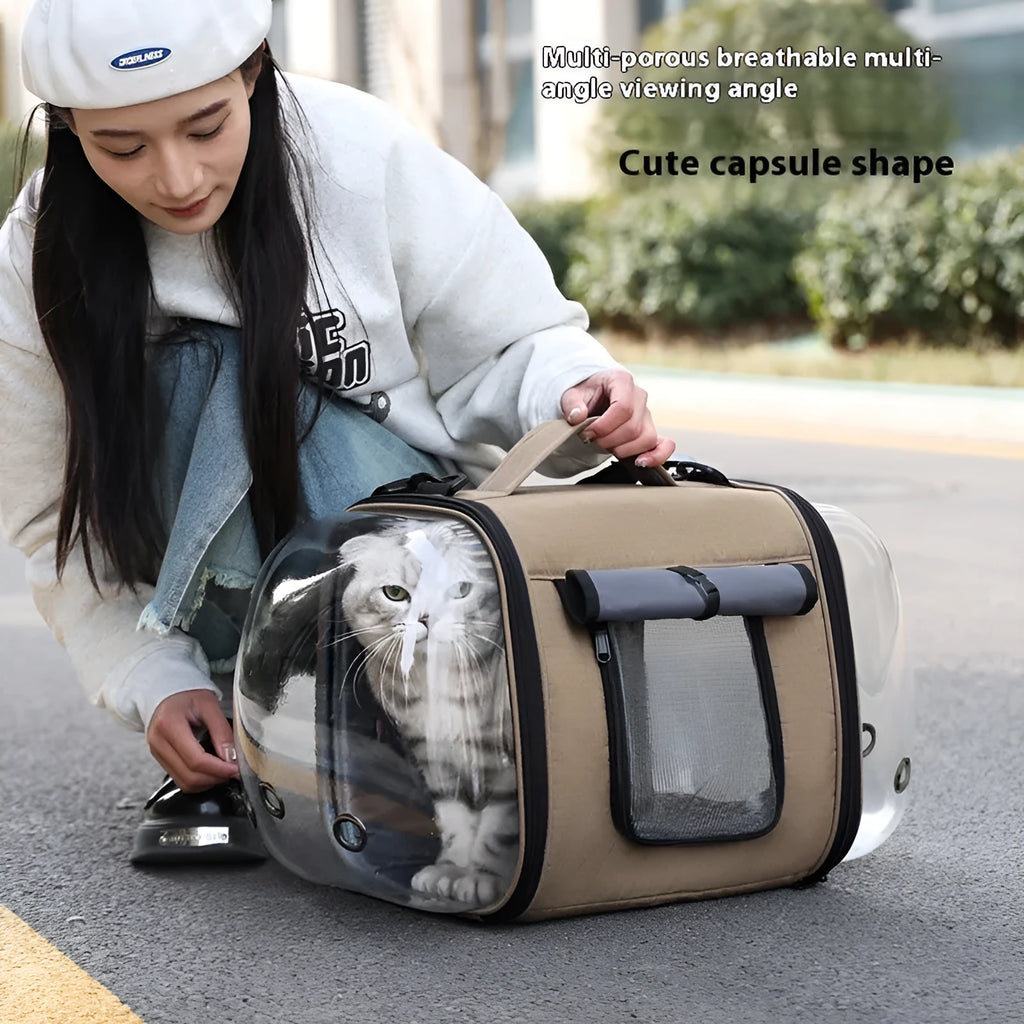 Outdoor portable one-shoulder pet bag in solid colour with roller shutter access for cats under 10.00kg