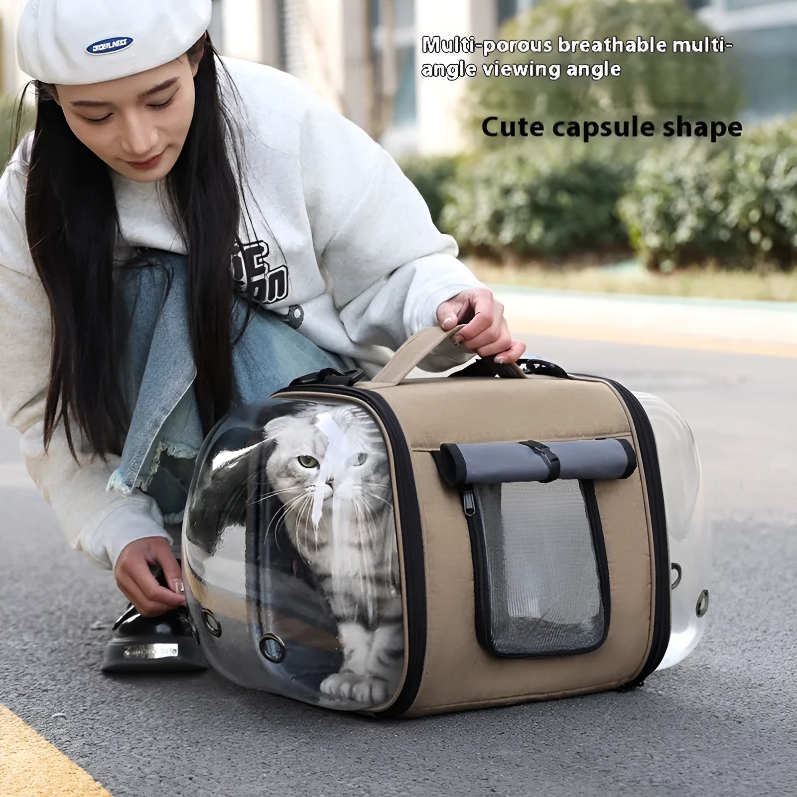 Outdoor portable one-shoulder pet bag in solid colour with roller shutter access for cats under 10.00kg
