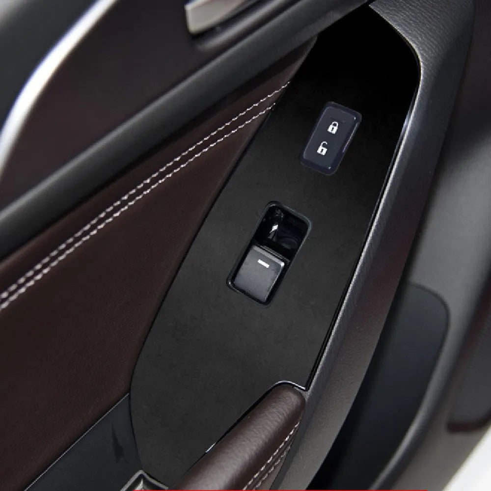 TPU protective film set for Ford Mustang door control panel switches in transparent, carbon fibre and matte black finishes