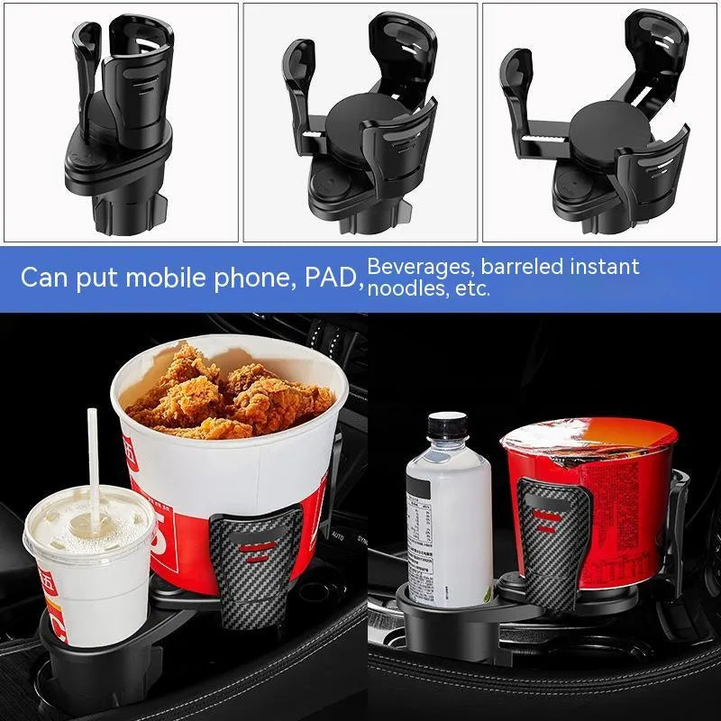 Black car cup holder with carbon fibre pattern and matte finish for dashboard installation