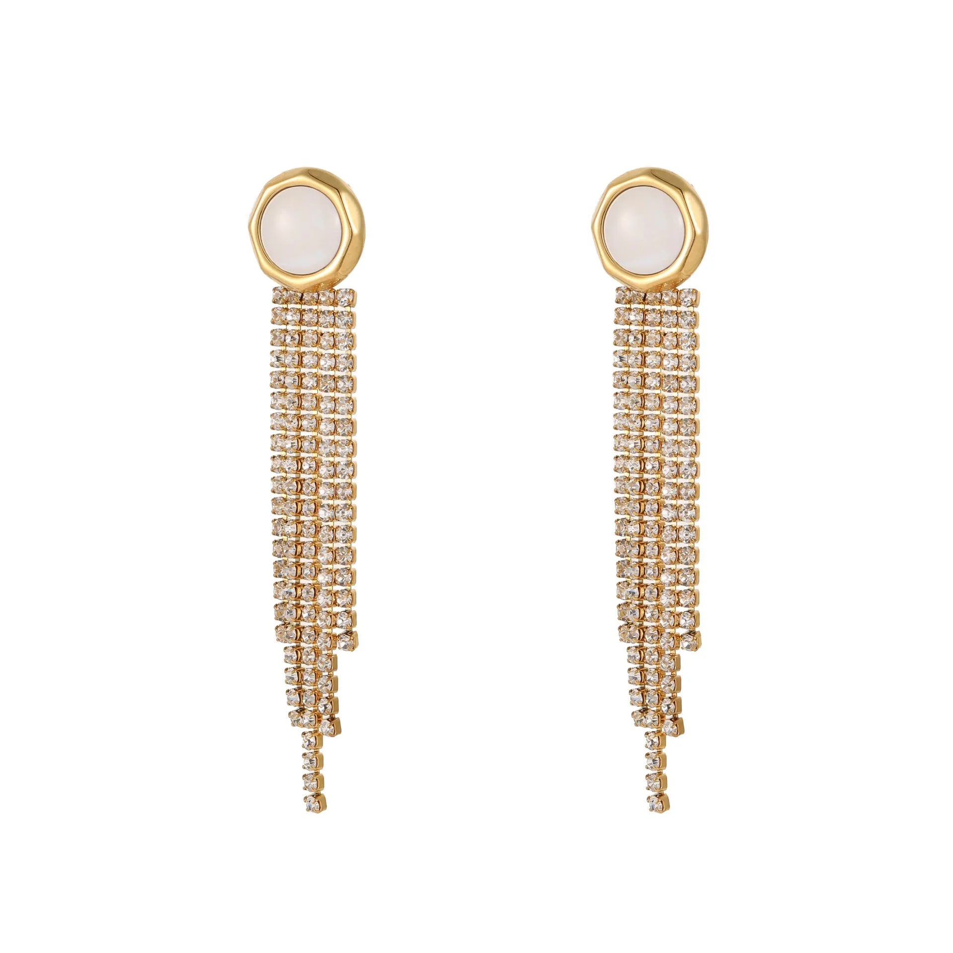 Stainless steel earrings with love heart and star geometric designs featuring diamond tassel drops and 18K electroplated finish