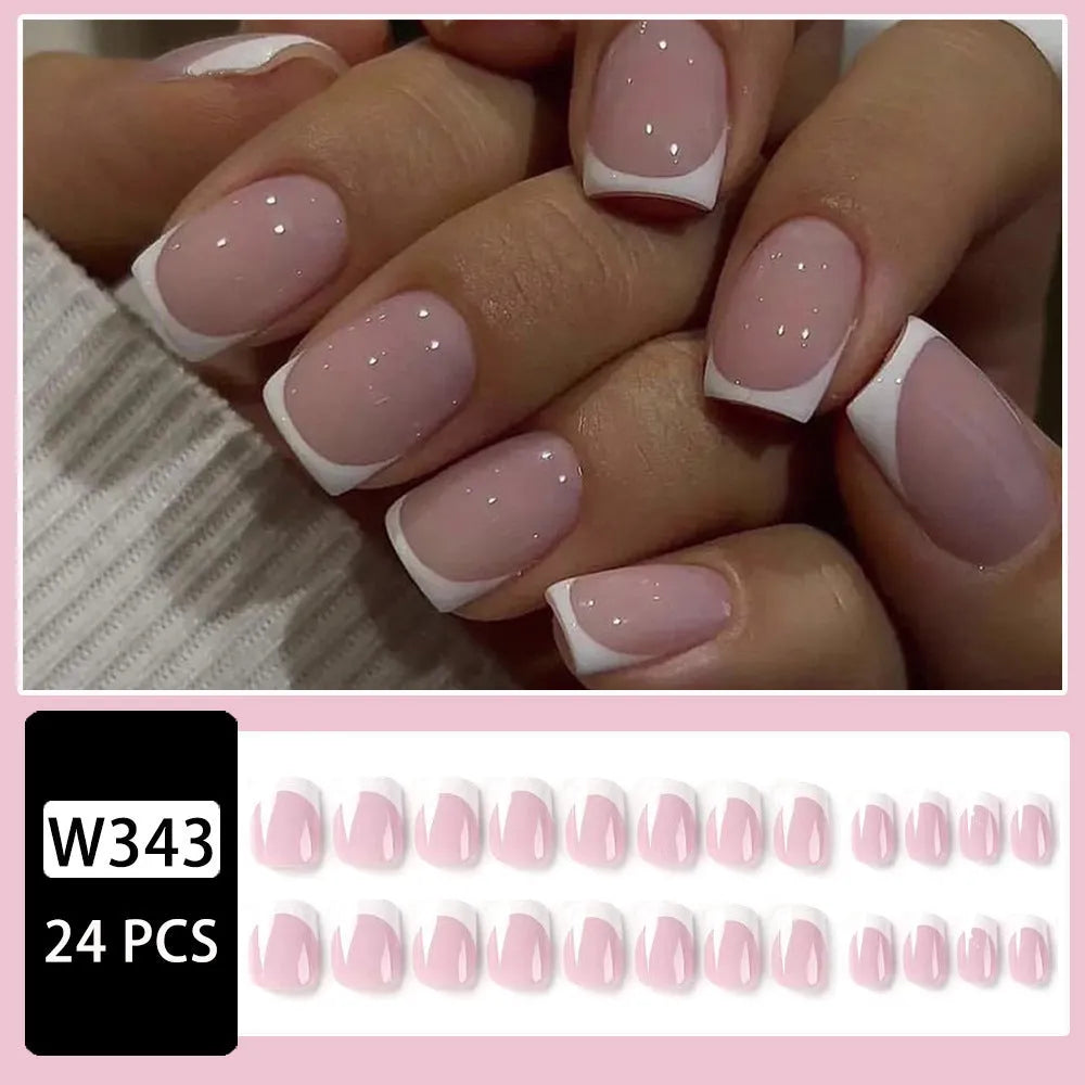 White press on nails with plaid pattern, 24 pieces in box