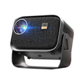 White portable Android smart projector on a table, showing a phone screen mirrored onto a wall displaying a movie scene.