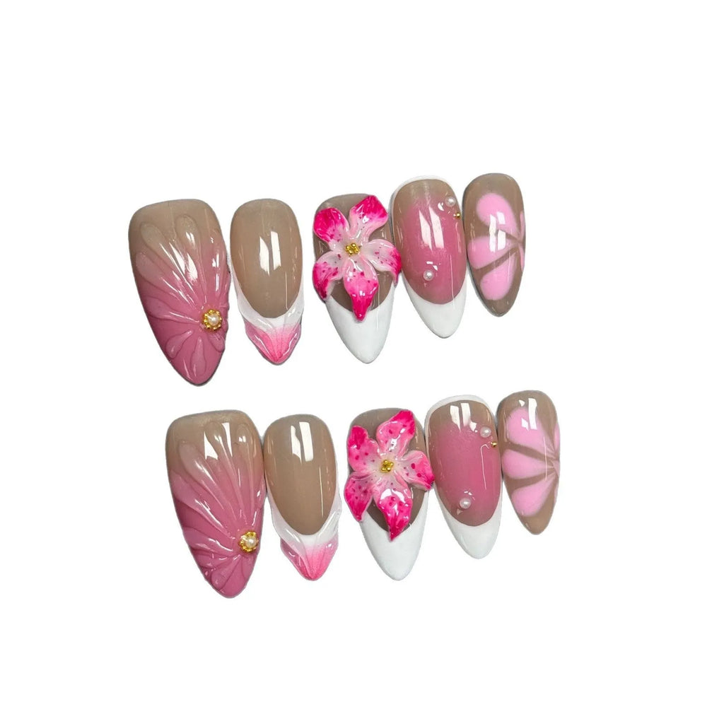 French style lily and ice flower three-dimensional plastic artificial nails in almond shape